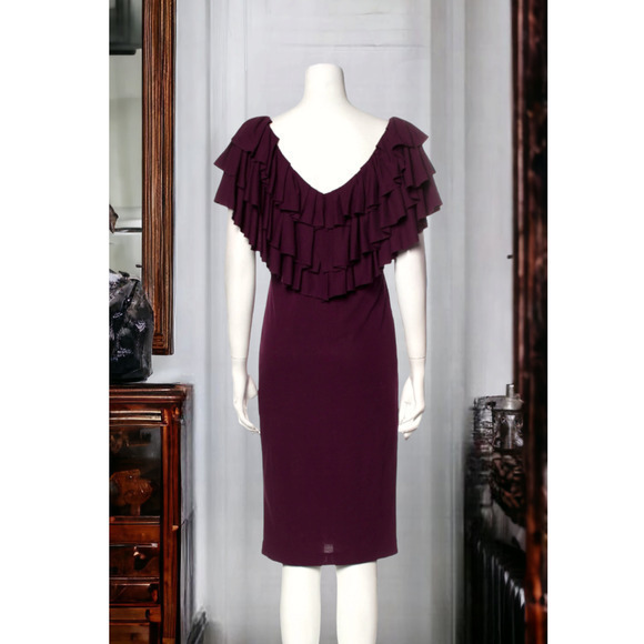 PORTS 1961 Dress Ruffles V-Neck and‎ V-Back Size 4 Burgundy Sheath Retail $1,200 - Picture 2 of 8